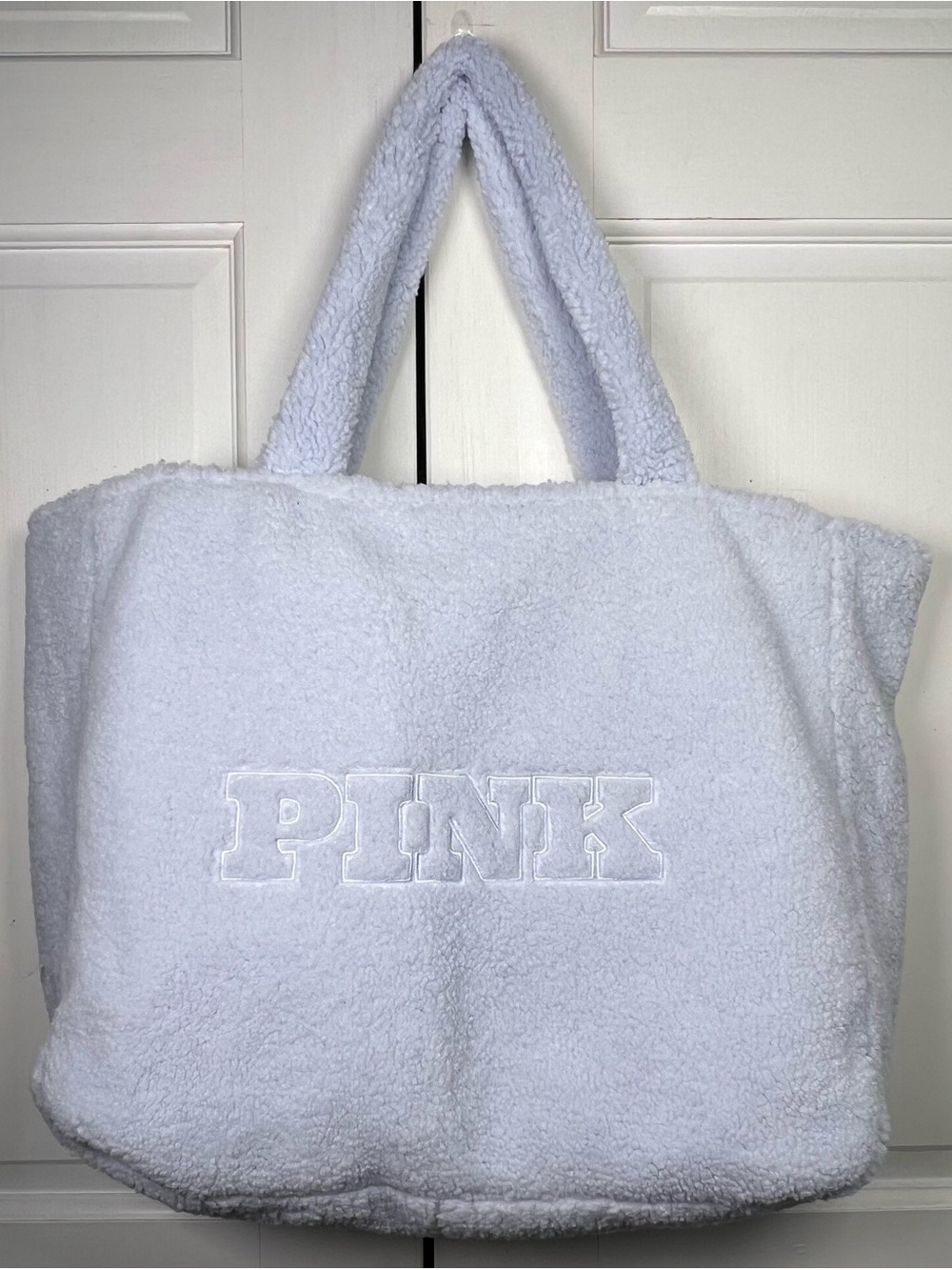 Victoria's Secret PINK Plush Sherpa Tote in Pale Blue Lined Zipper Closure